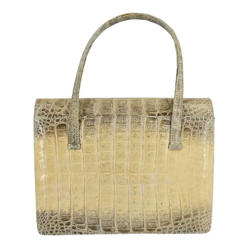Beige Croc Leather Top Handle Bag
